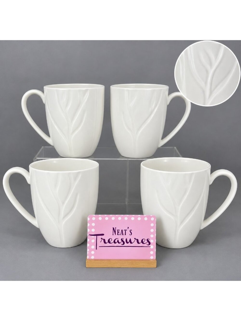 Lenox American Design PARK CITY Carved White Debossed Tree 14 oz Cup Mug Set 4